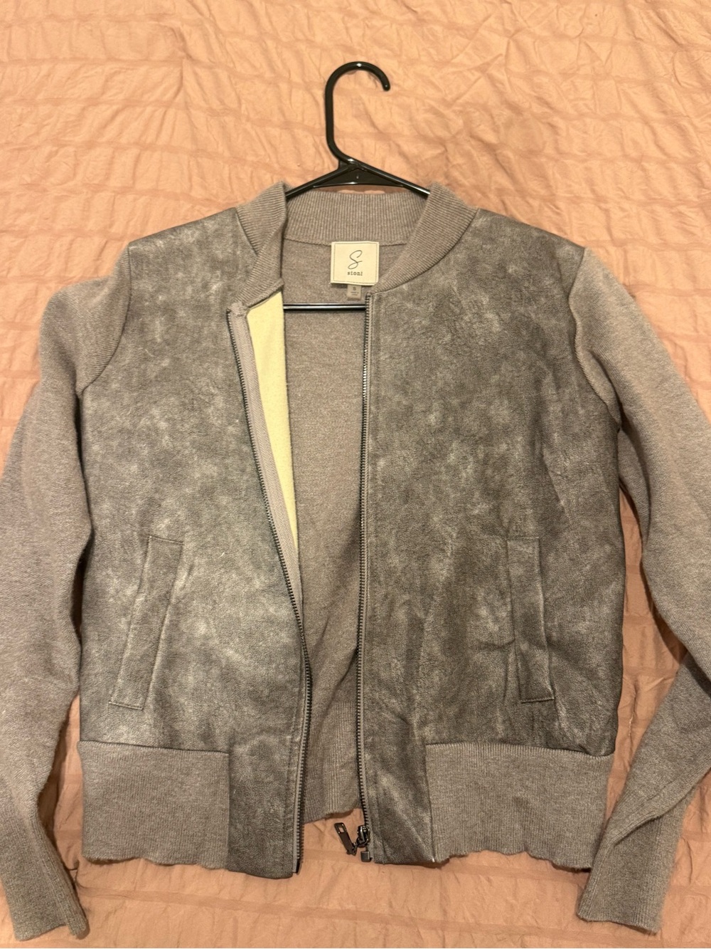 Sioni Women's Gray Bomber Jacket with Suede-Look Front